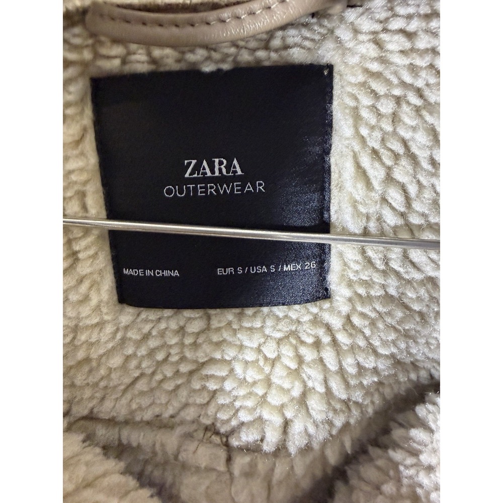 ZARA OUTERWEAR TAN FAUX SUEDE MOTO JACKET SHEARLING LINED ZIPPERS SZ S - Picture 2 of 7